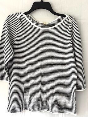 NWOT Eileen Fisher Black & White Striped Organic Cotton Linen Boat Neck Top SZ M